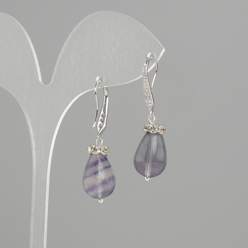 Fluorite drop earrings, diameter 14x10 mm, length 37 mm
