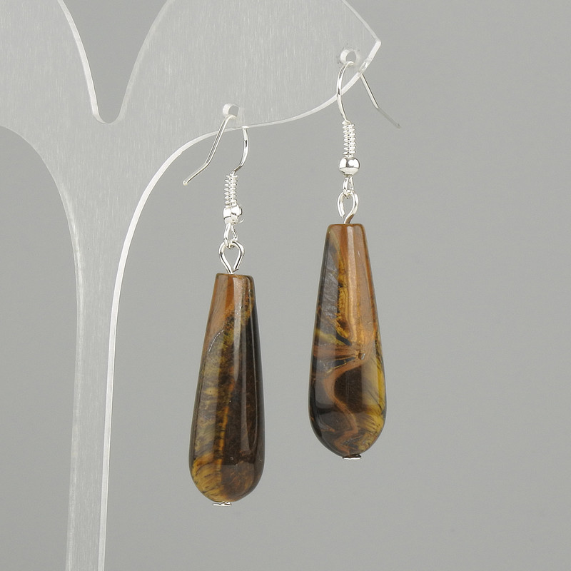Earrings Tiger's Eye drop, diameter 32×10 mm, length 52 mm ±