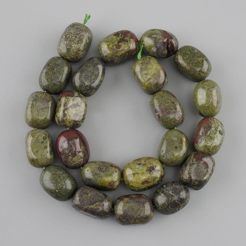 Dragon Blood Jasper beads, tumbled, 16–18 mm diameter, 5×12, 5–13 mm ±, length 36 cm ± on thread