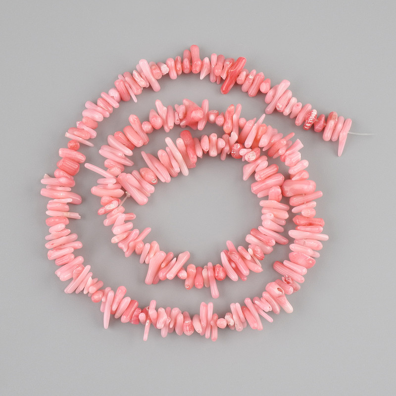 Pink coral chip beads, needle-shaped, diameter 7-10×1-2 mm ±, length 42 cm ± on fishing line