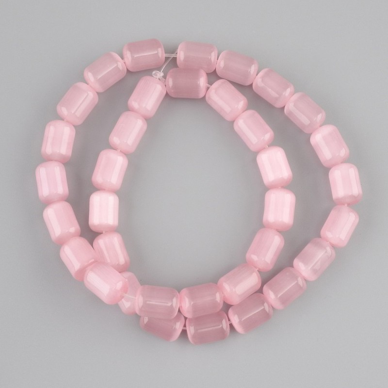 Pink Cat's Eye Cylindrical Beads, diameter 10 mm, 5-11×8 mm ±, length 37 cm ± on beading thread