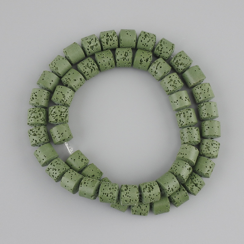 Green lava beads, cylindrical, diameter 8×8 mm ± on thread, length 38 cm+