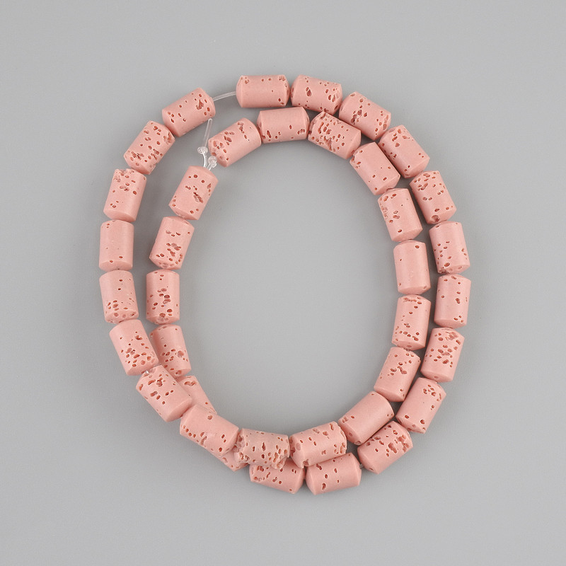 Pink lava beads, cylindrical, 10×6 mm, on thread, length 38 cm+