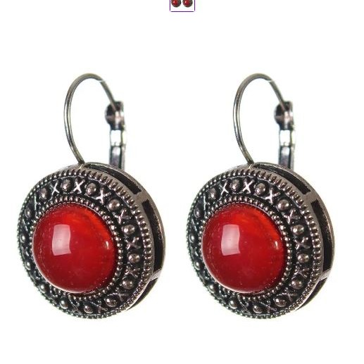 Clearance Earrings: Carnelian in a 'dot cross' setting, round stone 2 cm diameter, 3 cm length