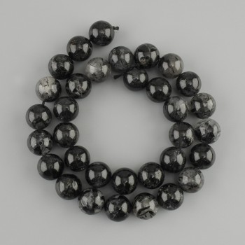 Beads of rutilated quartz with Schorl tourmaline inclusions, smooth round beads, 12 mm diameter, 38 cm length on thread