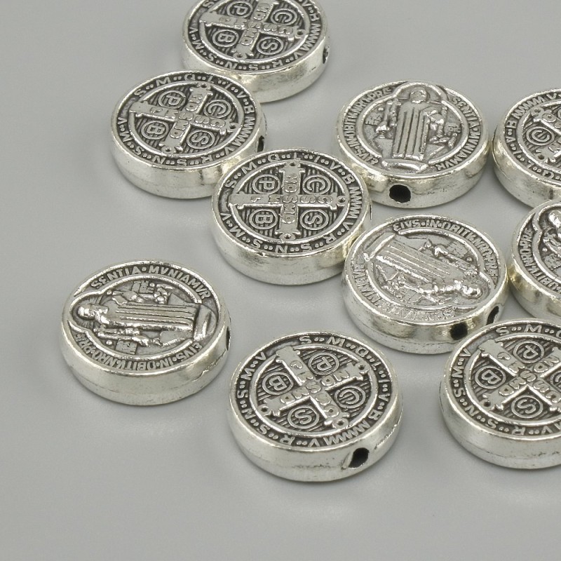 Saint Benedict Bead Insert - Silver color, 12 mm diameter ±, 2 mm hole diameter ±, packaged 20 g (approx. 10 pcs)