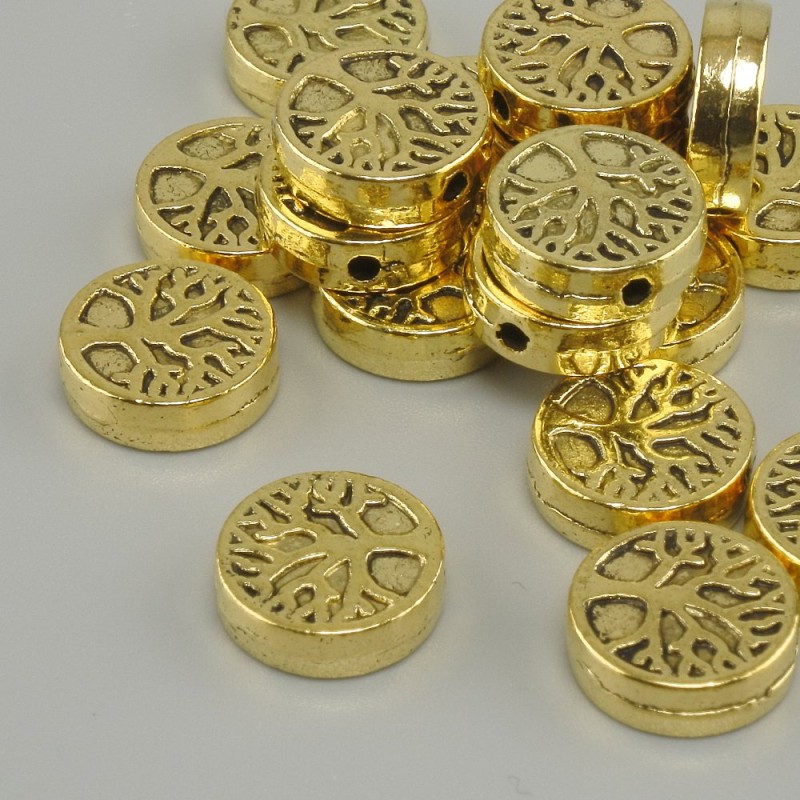 Bead insert with Tree of Life motif, yellow gold color, 9 mm diameter ±, hole diameter 1.4 mm ±, packaged 20 g (~18 pcs)