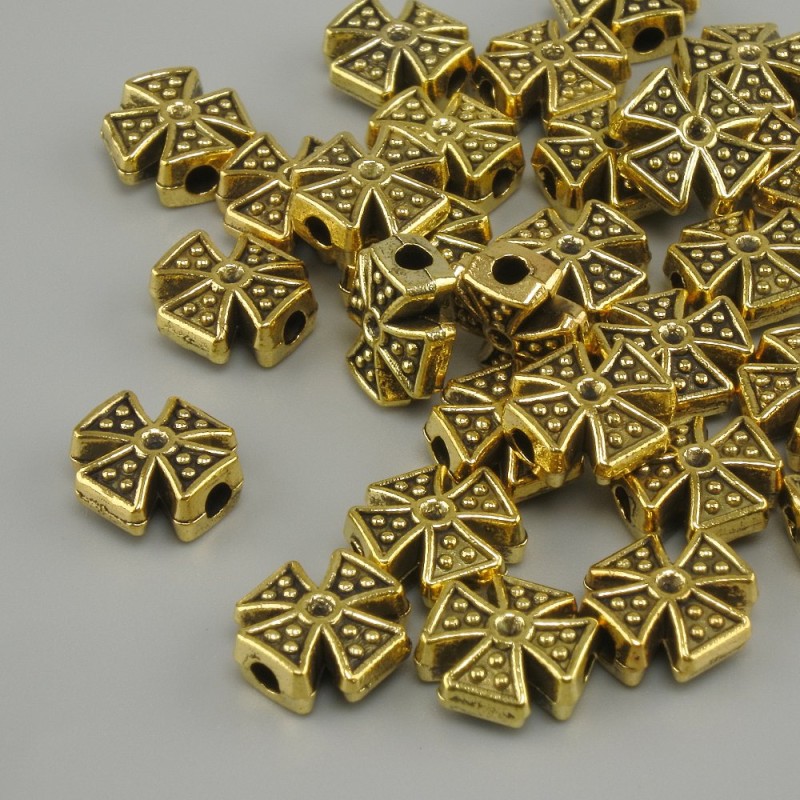 Cross-shaped bead insert, yellow gold metal color, 8x8 mm, hole Ø 2 mm, packaging 20 g (~31 pcs)