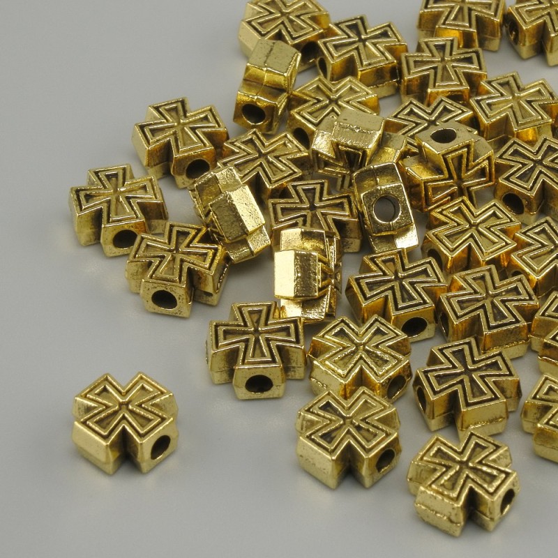 Cross Bead Insert Finding, Yellow Gold Color, 7x7 mm, Hole 2 mm, Packaging 20 g (~39 pcs)
