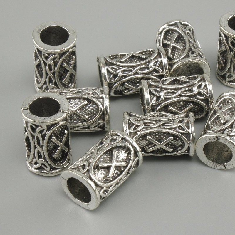 Nordic Rune Bead Findings, diameter 13x9 mm, hole diameter 6 mm, silver-tone finish, pack of 10