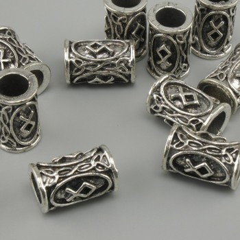 Bead 'Scandinavian Rune', 13x9 mm, hole 6 mm, silver metal finish, 10 pcs