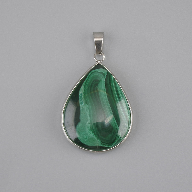 Malachite Pendant in Silver-Tone Metal Setting, 45×30 mm ±, Length 51 mm ± (assorted sizes)