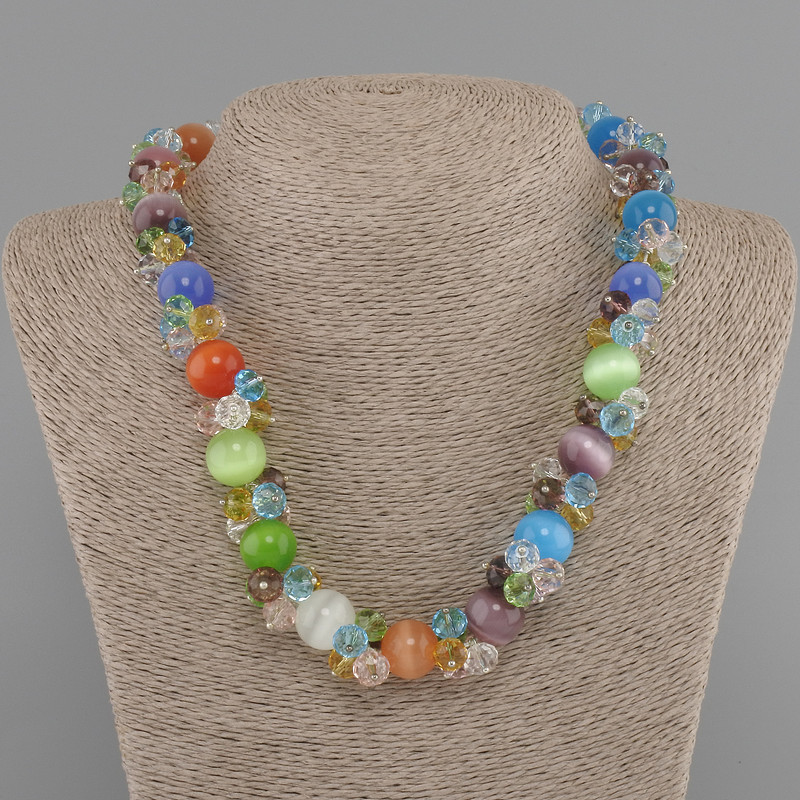Cat's Eye Necklace smooth ball 14mm+- Czech crystal faceted rondelle 8x6mm+-, length 45cm+