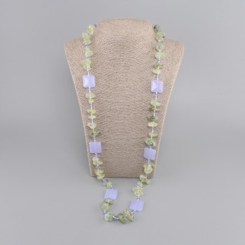 Long Necklace Prehnite tumbled 10-17x7-10mm+- Tinted quartz square 19mm+-, length 88cm+