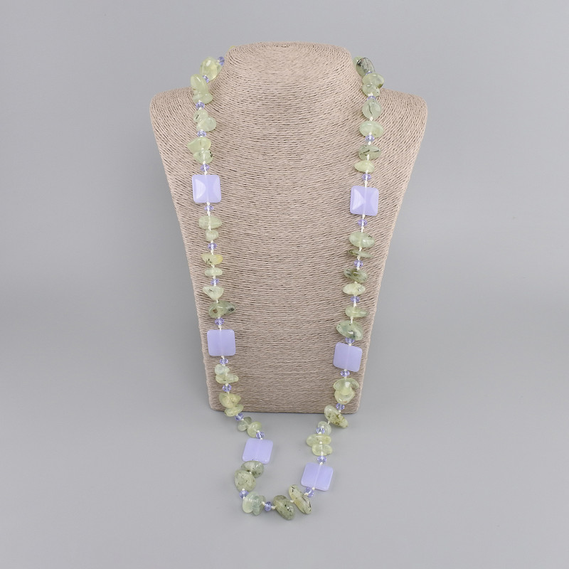 Long Necklace Prehnite tumbled 10-17x7-10mm+- Tinted quartz square 19mm+-, length 88cm+
