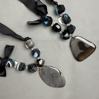 Agate and Czech Crystal Necklace on Ribbon, length 62 cm+