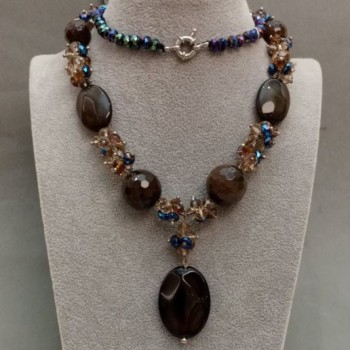 Agate and Czech Crystal Necklace 62 cm+