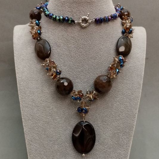 Agate and Czech Crystal Necklace 62 cm+