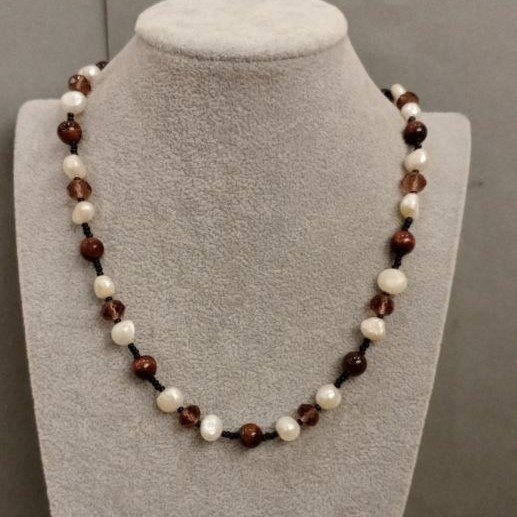 Necklace with Pearls, Bull's Eye Jasper, and Czech Crystal, 76 cm