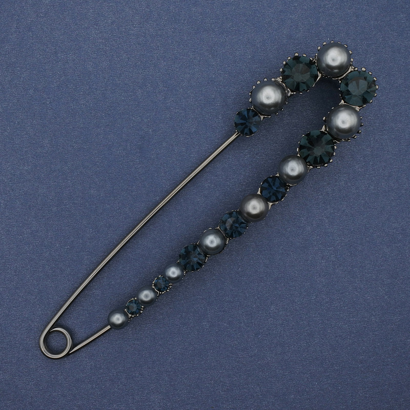 Brooch pin with Majorca pearls and rhinestones, 103×25 mm ± dark-silver metal