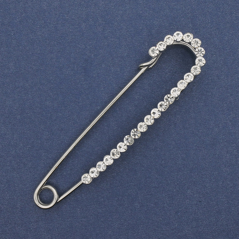Brooch pin with white rhinestones, 72×17 mm ±, silver-toned metal
