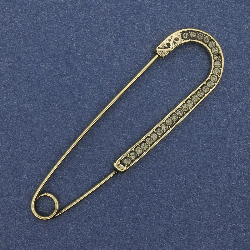 Brooch pin with gray rhinestones, gold-tone metal