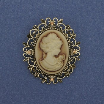 Cameo Brooch 'Lady' with Crystals, Gold-Tone Metal, 48×44 mm +