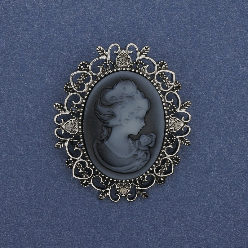 Cameo Lady Brooch Pendant with Rhinestones, Silver-tone Metal, 48x44 mm +