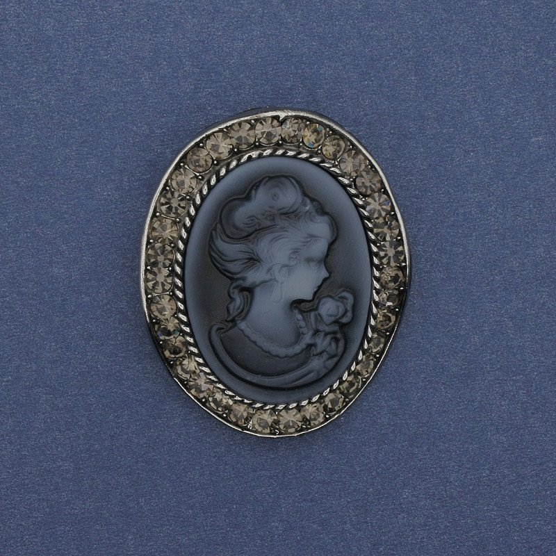 Cameo Brooch/Pendant 'Lady' with Rhinestones, Silvery Metal, 43x38 mm +