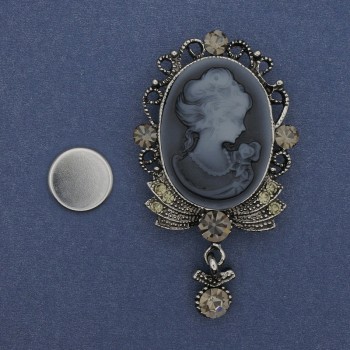 Cameo Lady Brooch on Magnetic Backing with Crystals, Silver-tone Metal 85×35 mm +