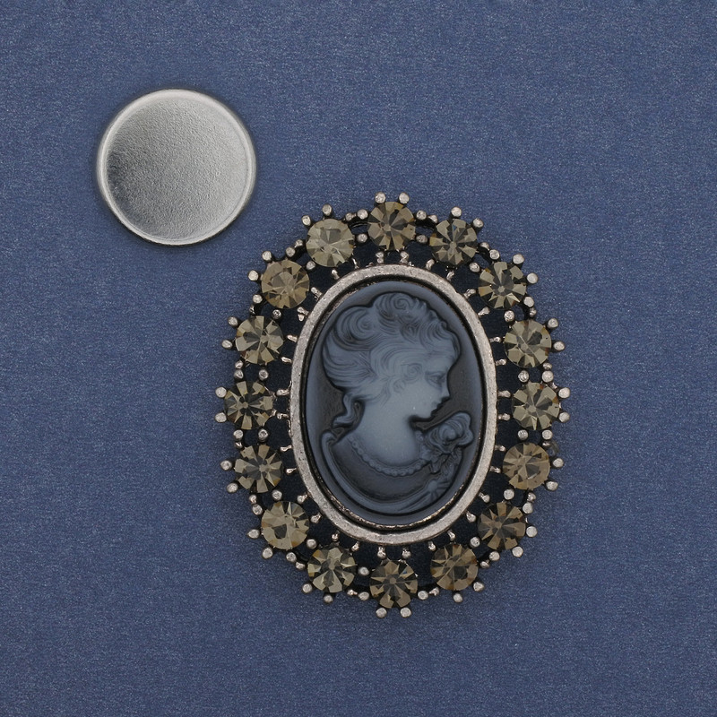Cameo Lady Magnetic Brooch with Rhinestones, Silver-Tone Metal, 43x35mm +