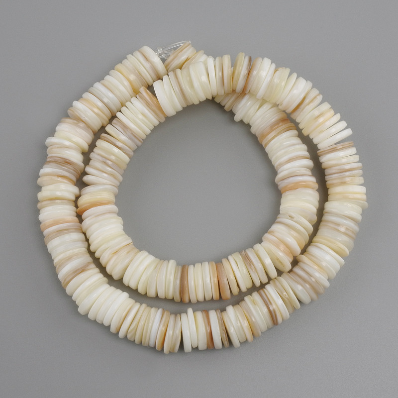 Scapharca shell beads, rondelle, 10 mm diameter, 1.5–2 mm thick, 38 cm length on thread