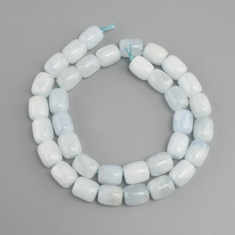 Aquamarine barrel beads, diameter 10 mm, 5-11×9 mm, strand length 38 cm ±