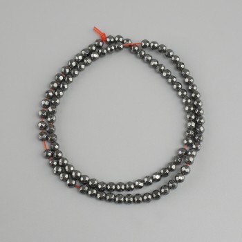 Faceted hematite beads, round ball, 4 mm diameter, 38 cm length ± on beading thread
