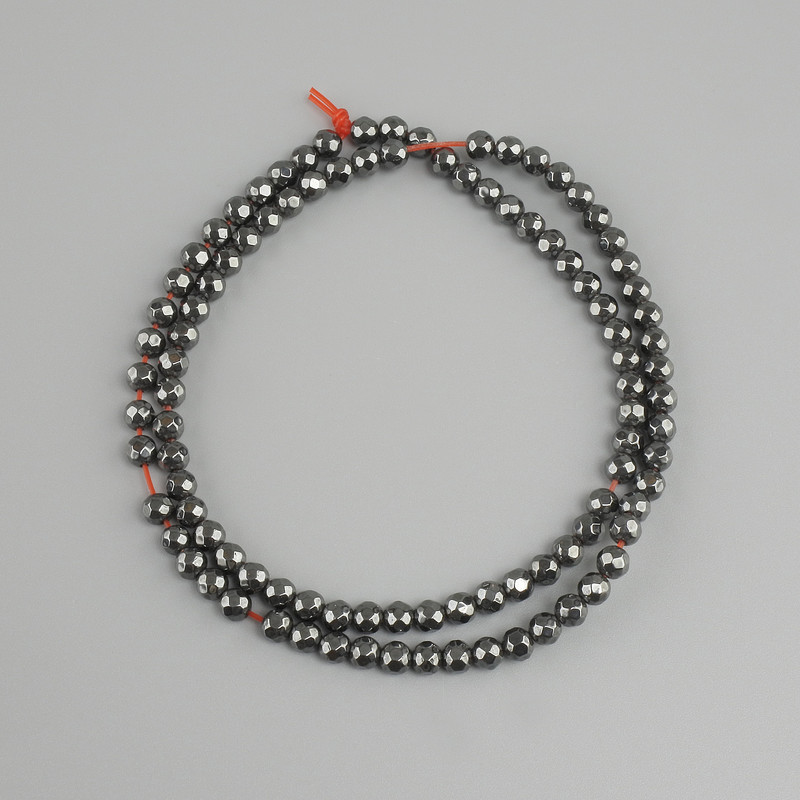 Faceted hematite beads, round ball, 4 mm diameter, 38 cm length ± on beading thread