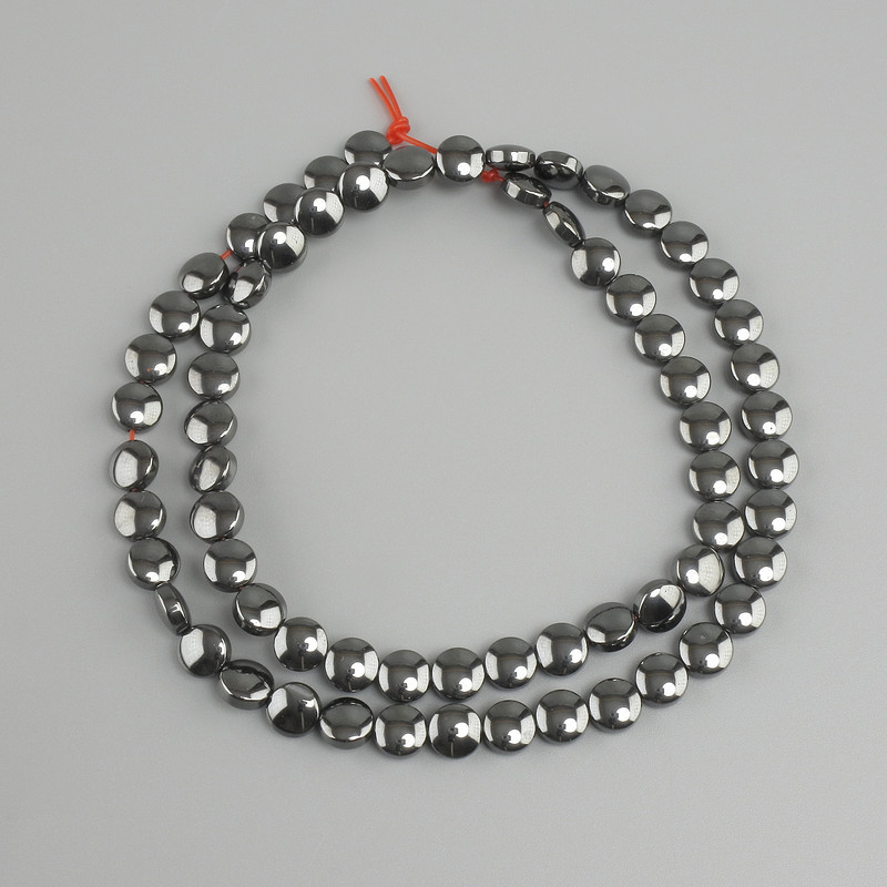 Hematite coin beads, 6 mm diameter, 41 cm length, on thread