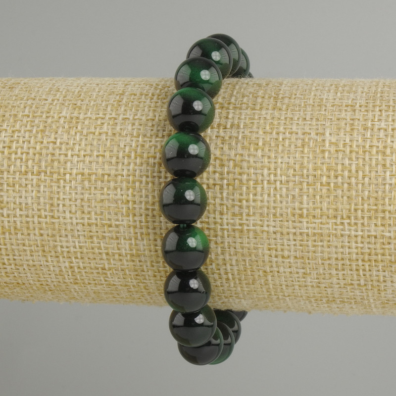 Green Tiger's Eye Bracelet with smooth beads, 10 mm diameter, 18 cm length, elastic