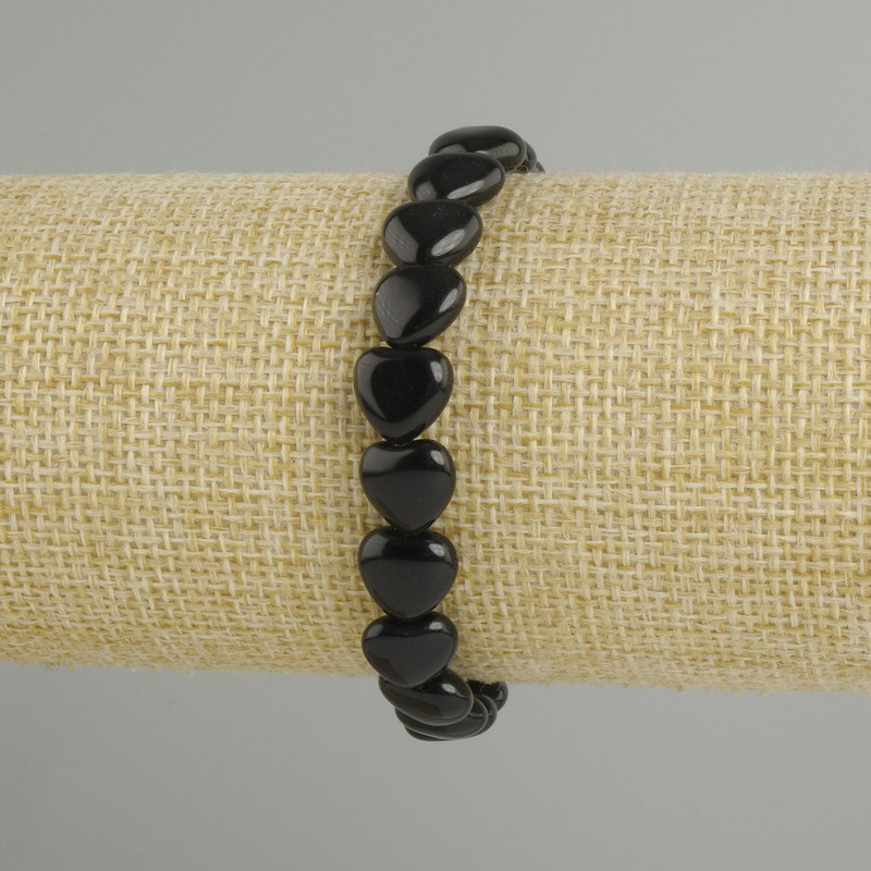 Black Agate Heart-Shaped Bracelet, 10 mm Beads, 18 cm Length, Stretch