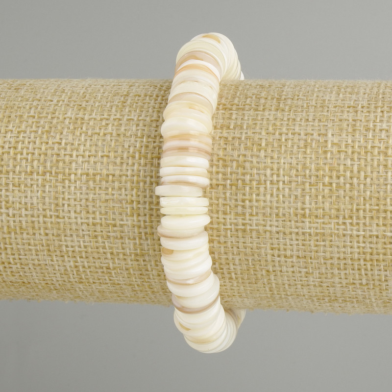 Bracelet with Scapharca shell rondelle beads, 10x2 mm diameter, 18 cm length, stretchy