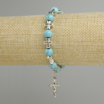 Bracelet Turquoise smooth bead 8mm, length 18 cm with inlays and cross pendant
