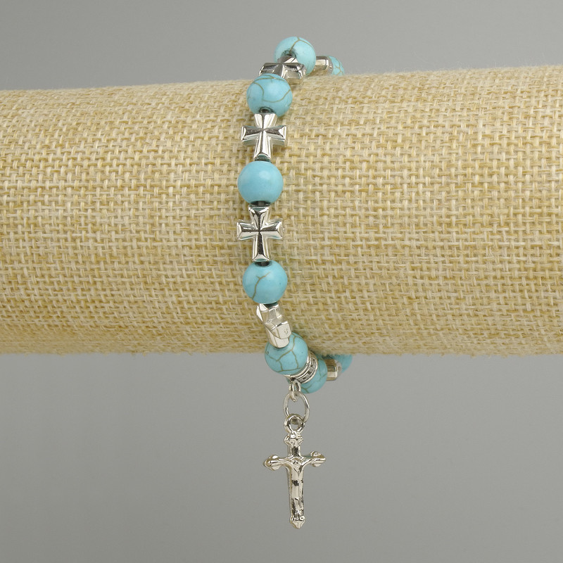 Turquoise bracelet (single piece) smooth ball beads 8mm, length 18cm with inserts and a cross pendant