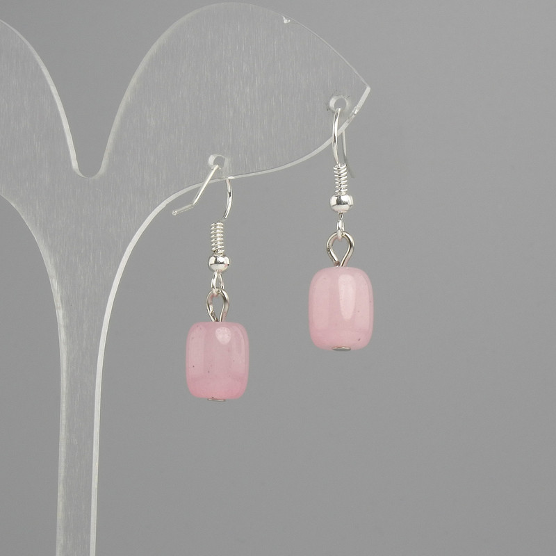 Earrings Pink Quartz Barrel 11×9 mm ±, length 30 mm ±, silver-toned metal