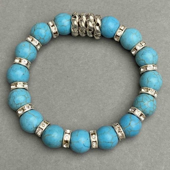Turquoise Bead Bracelet on Elastic, Ø 10(+/-)mm, length 18cm with inlays