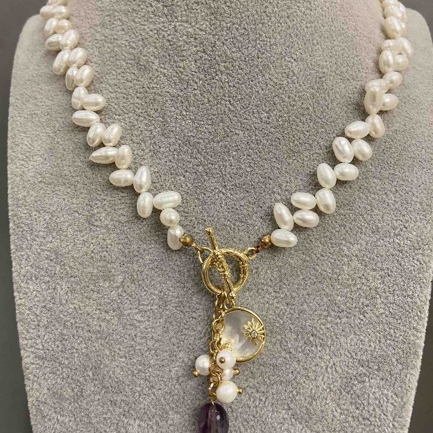 Necklace River Pearls Oval Butterfly, diameter 6.5-7.5×4.5-5mm ± with pendants, length 50 cm + toggle
