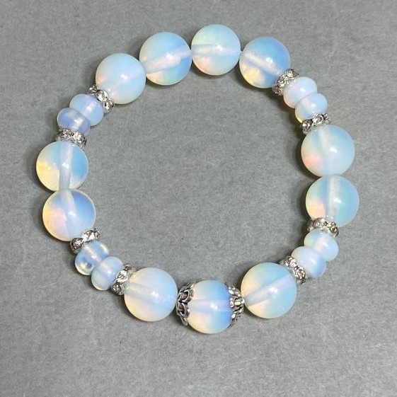 Moonstone Opalite Bead Bracelet 12mm ± with Rondelles 8x5mm ± with Inserts, length 18cm ± stretch