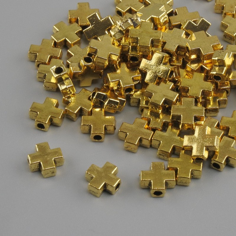 Bead Findings: Cross Insert Metal Color Gold, 6x6 mm diameter +/-, hole diameter ~1.8 mm, packaging 20 g (~66 pcs)