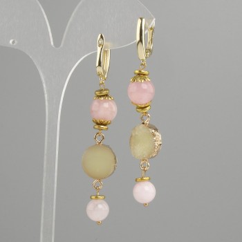 Earrings Rose Quartz with druzy, smooth beads diameter 8mm±-10mm±, druzy diameter 14mm, length 68mm