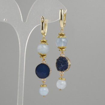Aquamarine Earrings with a smooth bead, diameter 8–10 mm, druzy, diameter 14 mm, length 68 mm