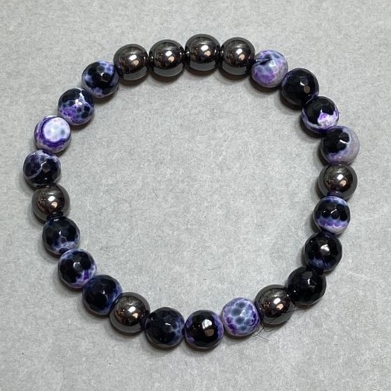 Agate Bead 8mm Faceted Bracelet + Hematite Bead 8mm+-, Stretch Length 18cm +-