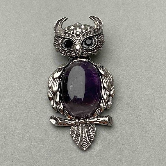 Brooch Pendant Owl Amethyst 60x28mm± black accents silver metal